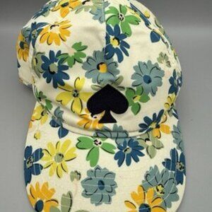 NWT Kate Spade Floral Printed Cap Hat Cream Yellow Blue Green Spade Logo